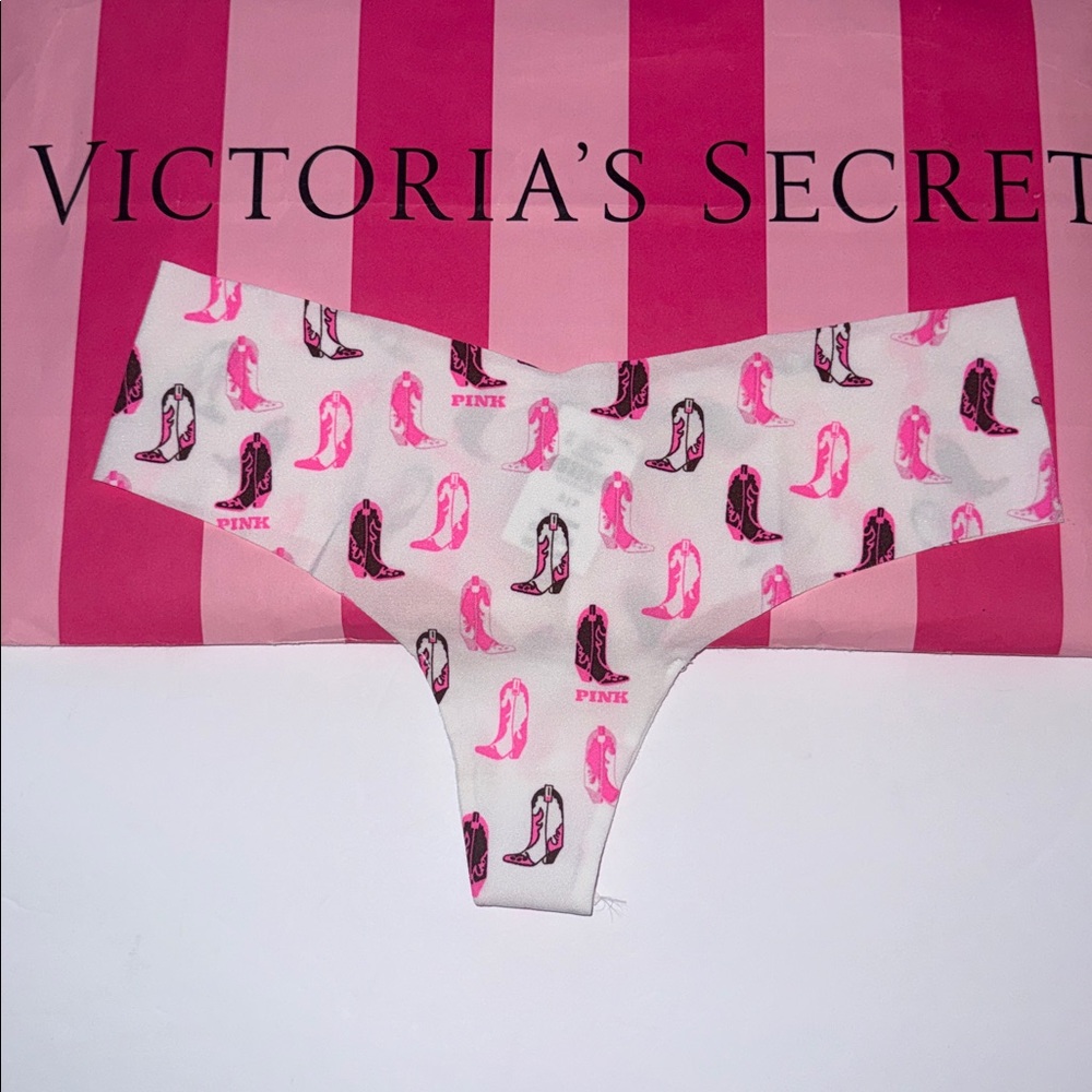 NWT Victoria's Secret No Show Thong Panty White Pink Cowboy Boots Women’s Sz S